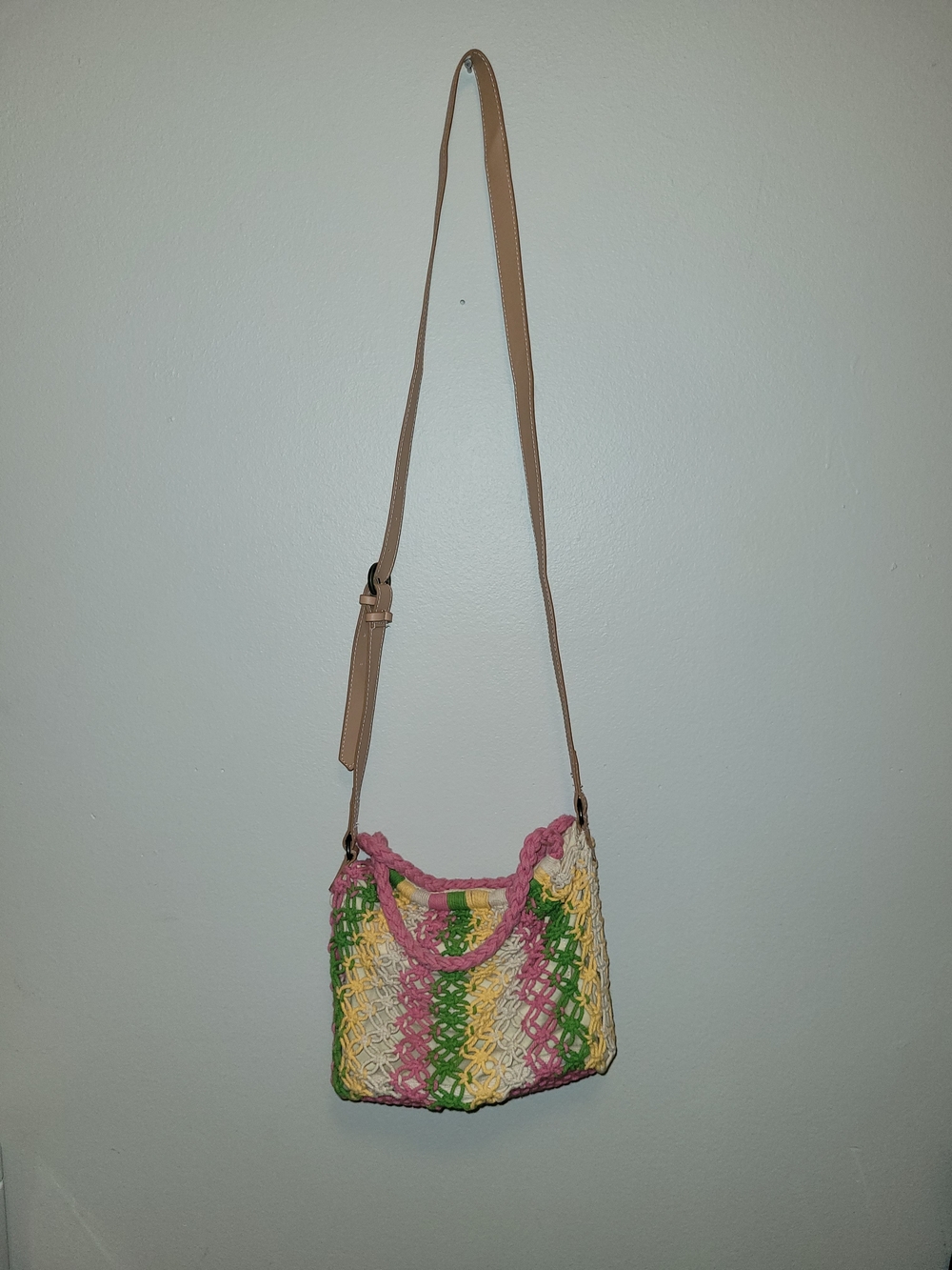 Universal Thread Woven Crossbody Bag in Pink, Green & Yellow with Tan Strap